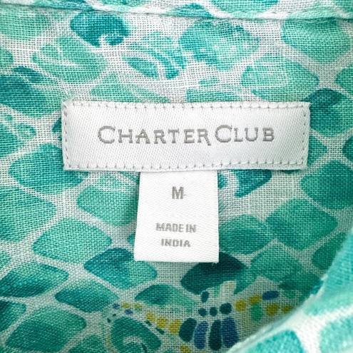 Charter Club  Women 100% Linen Button Front Pastel Sea Horse Shirt Top Aqua Sz M