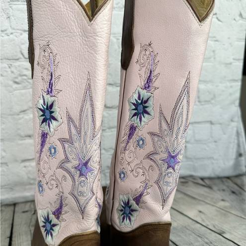 Double H Sonora Wedding Heeled Cowboy Boots Size 7.5 Embroidered Pink Brown