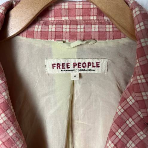 Free People  Pink Cream Long Sleeve Button Waist Tie Olivia Gingham Blazer M