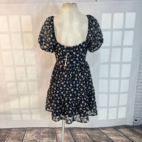 Trixxi  Francesca's Willa Floral Puff Sleeve Mini Dress Navy Blue Large NWT