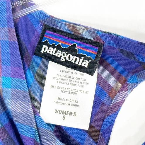 Patagonia  Size 6 Dress Blue Purple Plaid Midi Long Short Sleeve Shift 1135