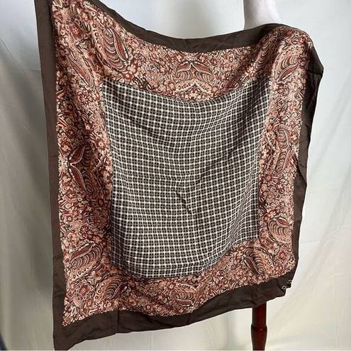 Oscar de la Renta Vintage  Signed Large Square Scarf Brown Floral Houndstooth