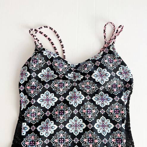 Hula Honey [] Black Gypsy Deco Lace Geometric Print One Piece Swimsuit Sz Small S