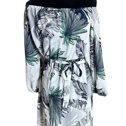 Sans Souci NWT Tropical Palm Print Off Shoulder Tie Maxi Dress 3/4 Sleeve S White F0100