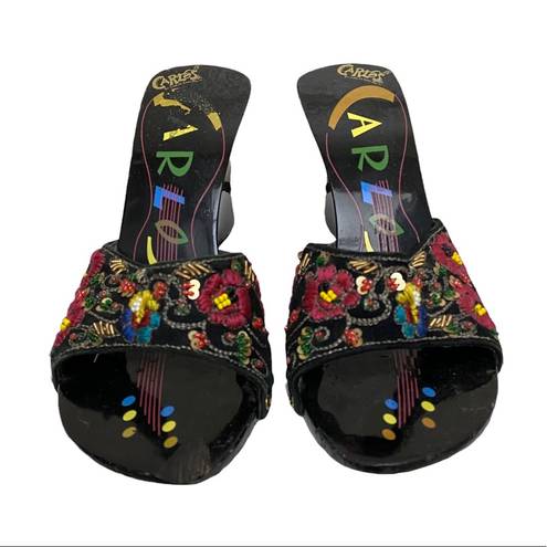 Carlos Santana  Embroidered Black Lacquer Wooden Wedge Slip-On Mules Size 6 1/2