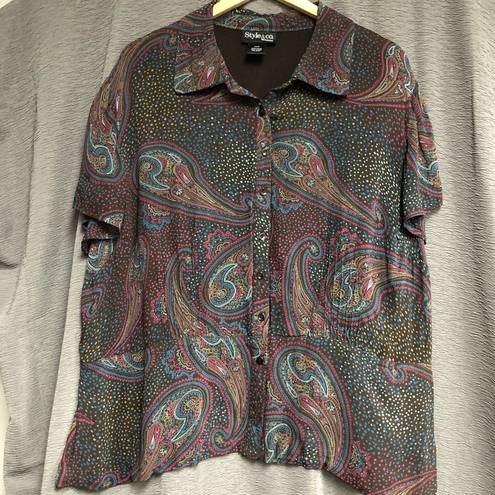 Style & Co , 22W button collared top, short sleeves, brown blue, maroon paisley