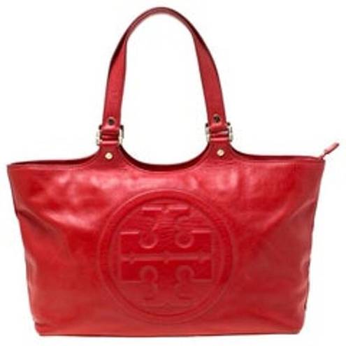 Tory Burch  Red Leather Embossed Logo Double Handle Shoulder Bombe Tote Handbag