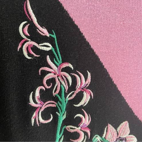 Bob Mackie  Vintage 80s Pink Black Embroidered Floral Long Sleeve Sweater M