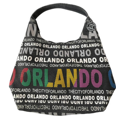 Robin Ruth  ORLANDO Hobo Large Shoulder Bag Black Canvas Texture Lettering Tag