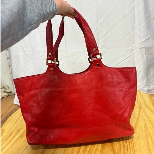 Tory Burch  Red Leather Embossed Logo Double Handle Shoulder Bombe Tote Handbag