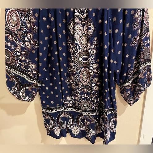 Angie  Size Large Navy Blue 3/4 sleeve Paisley 100% Rayon Blouse