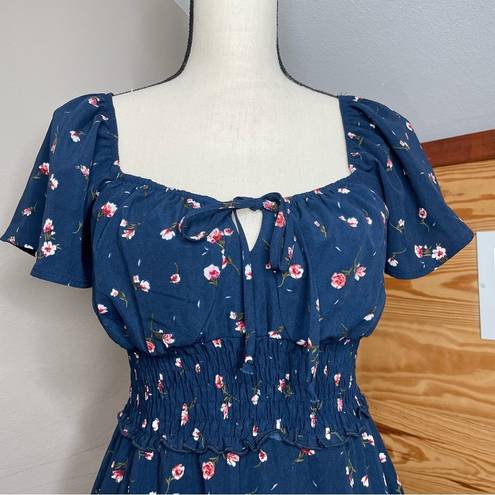 Trixxi Navy Blue Floral Smocked Waist Square Neck Tie Front Mini Dress Small