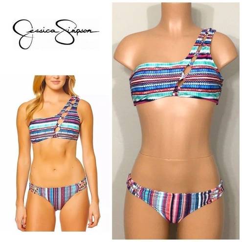 Jessica Simpson  multicolored one-shouldered bikini