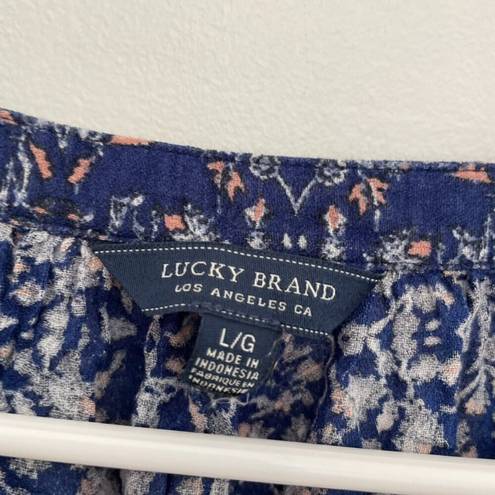 Lucky Brand  Printed Peasant Blouse Blue White Peach Floral Tie Neck Long Sleeve