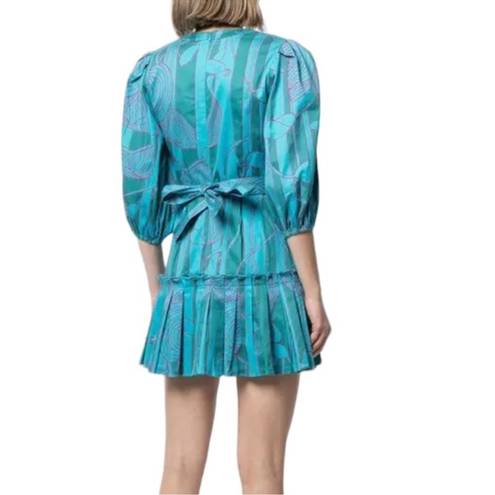 Alexis Sakura Blue Green Tropical Pleated Puff Sleeve Mini Dress sz XS $495