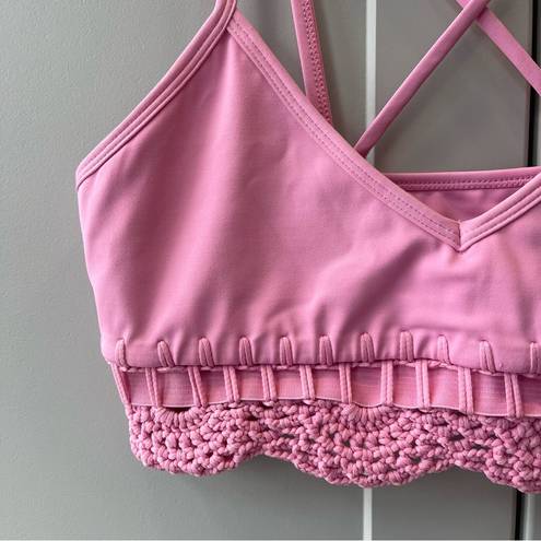 Carbon 38  Crochet Banded Macrame Pink Barbie Cropped Sports Bra Small Athletic