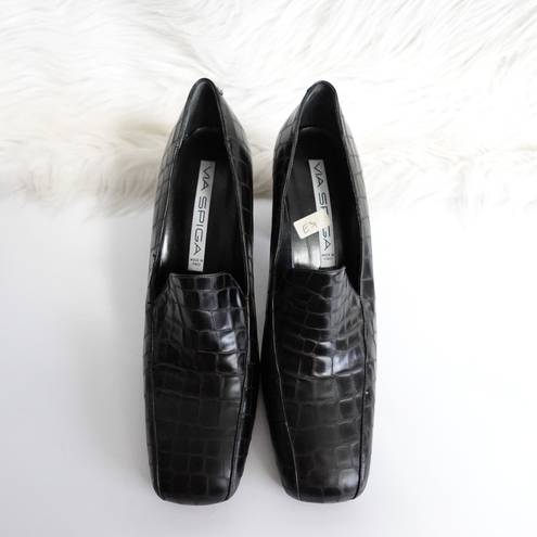 Via Spiga  90s Vintage Black Croc-Embossed Square Toe Leather Heeled Loafers