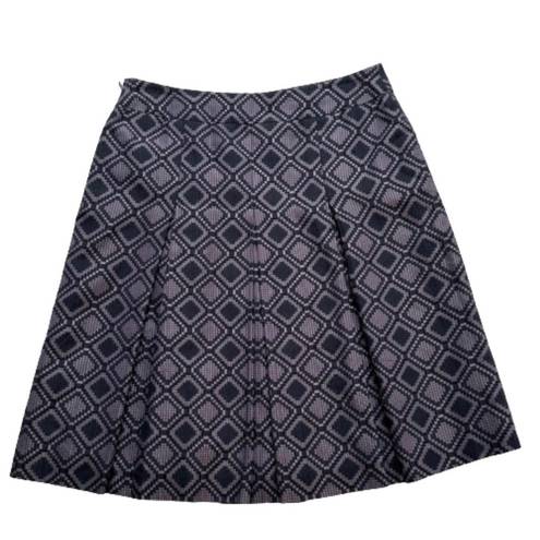 Ann Taylor  Skirt Purple Black Geo Print Silk Cotton Pleated Knee Length Size 8