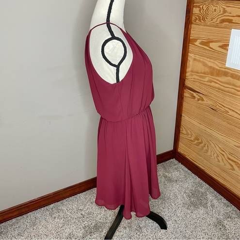 Lush Clothing Lush Burgundy Chiffon Sleeveless Pleated Blouson Mini Skater Dress Medium