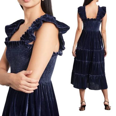 Hill House  Ellie Nap Dress Velvet Midi Smocked Bodice Tiered Navy NEW Womens XS