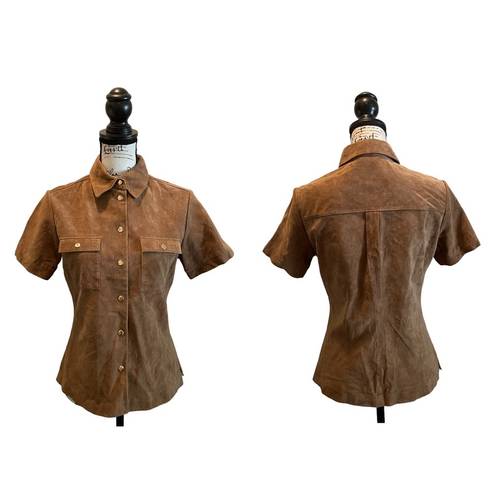 Moda  International VS Suede Leather Shirt Brown Small Snap Button Vintage Y2K