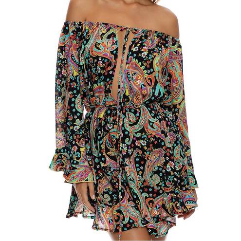 Luli Fama  Gypsy Off Shoulder Bell Sleeve Boho Paisley Floral Dress Size Small