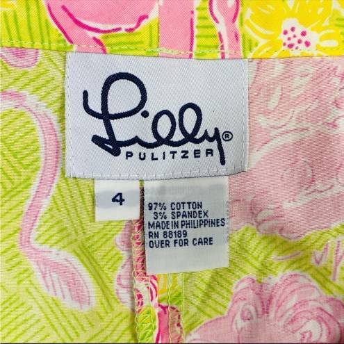 Lilly Pulitzer Vintage  Lion Print Crop Capri Pants Flat Front Lime Green Pink 4