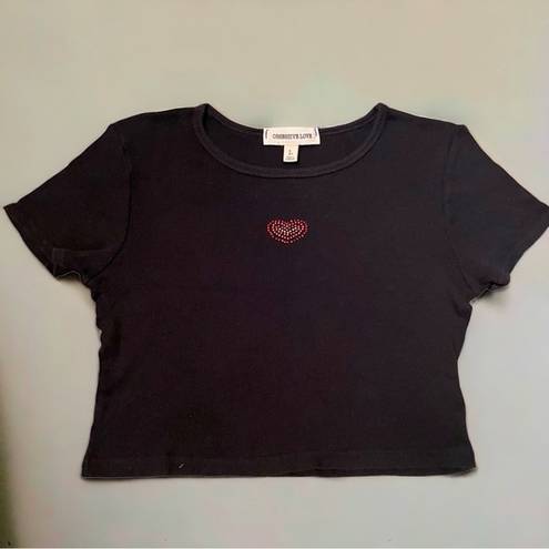 Obsessive Love Black Short Sleeve Red Heart Rhinestone Crop Top