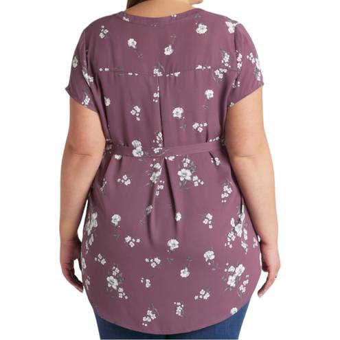 The Moon Full Segura Short Sleeve Tie Waist Maternity Blouse Light Purple Floral 2X