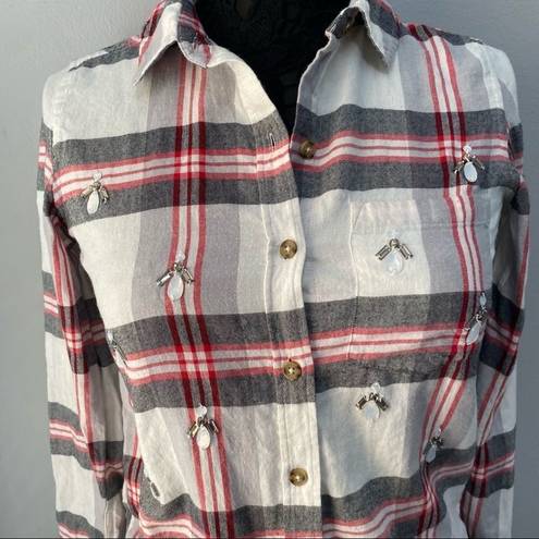 SO Sz S Embellished Plaid Flannel Button Down Top