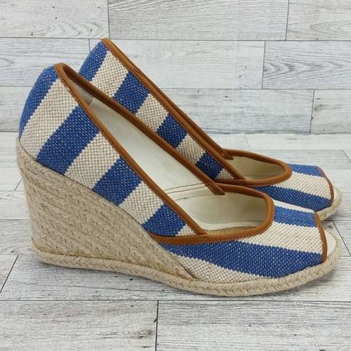 Ralph Lauren Lauren  Isis Espadrille Peep Toe Wedge Sandals Blue Cream Si