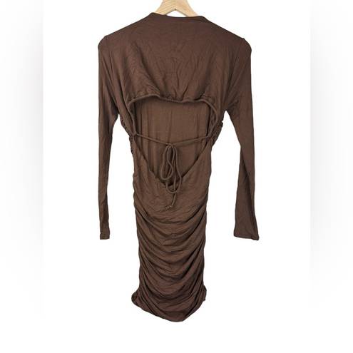 Naked Wardrobe  RUCHED LONG SLEEVE CUTOUT MINIDRESS IN CHOCOLATE Size Large