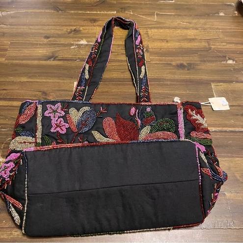 Hand Beaded Floral Botanical Tote Handbag Black Made in India