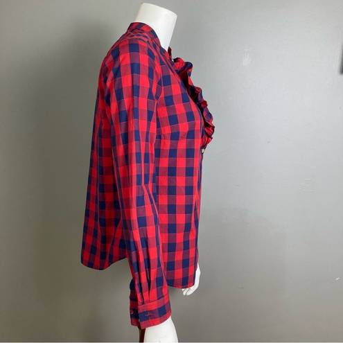 Draper James Draper Jane button up shirt 8 long sleeve plaid western ruffle navy blue red