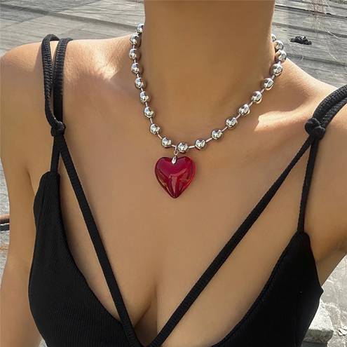 Boutique Y2K Chunky Red Heart Silver Ball Chain Necklace 