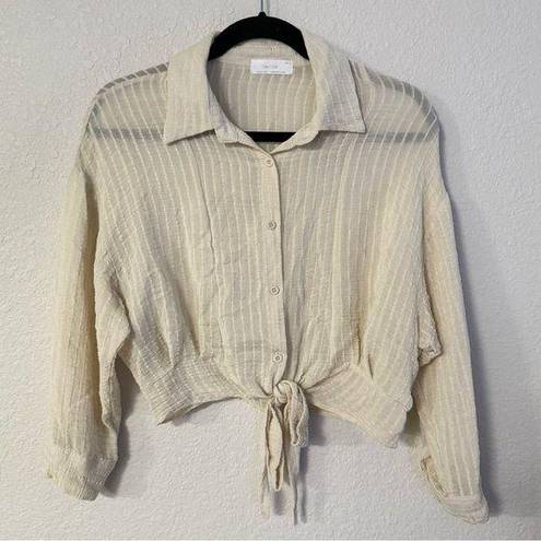 Oak + Fort  Neutral Button Up Tie Waist Long Sleeve Blouse Textured Sheer medium