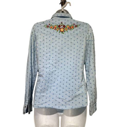 Roxy  jeans eyelet floral embroidered snap button long sleeve shirt Size S