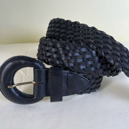 Buckle Black Vintage 80s 90s Braided Leather Belt Woven Wide  Waist Belt Size M/L