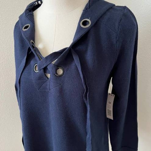 Nic & Zoe  Hoodie Women Medium Blue Lace Up Sweatshirt Cotton Blend Pullover EUC‎