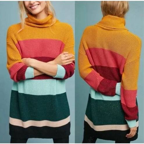 Farm Rio  Anthropologie Women XS Sweater Dress Metallic Rainbow Striped Mock Neck