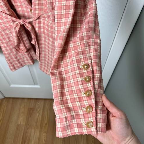 Free People  Pink Cream Long Sleeve Button Waist Tie Olivia Gingham Blazer M