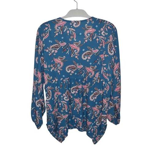 Style & Co  Womens Blue Long Sleeve Paisley Print Peasant Oversized Blouse Small