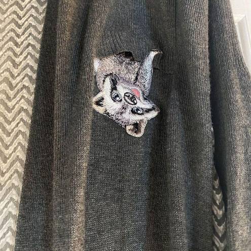 89th and Madison  Gray Cardigan Sweater with Pockets and Sheer Back w/Racoon Accent