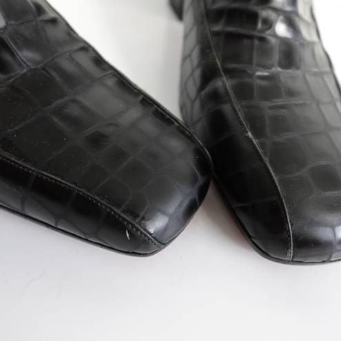 Via Spiga  90s Vintage Black Croc-Embossed Square Toe Leather Heeled Loafers