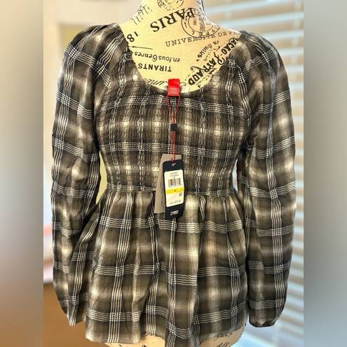 Tommy Hilfiger Tommy Jeans Womens Size Medium Plaid Peplum Smocked Top •Scoop Neck Long Sleeves