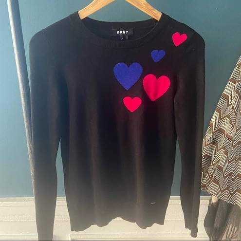 DKNY  Black Heart Print Valentines Day Crew Neck Sweater