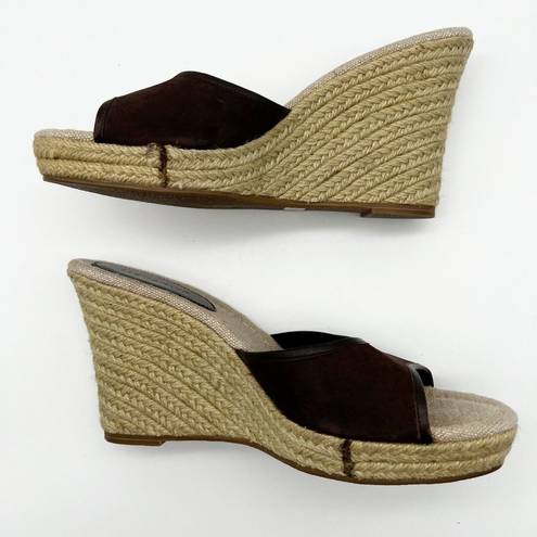 Ann Taylor Brown Suede Slip On Open Toe Jute Wrapped Wedge Platform Heels Size 8