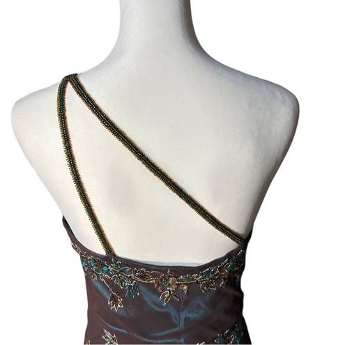 Scala Women's  Brown & Teal Blue Beaded Floral One-Shoulder Asymmetric Dress Sz L