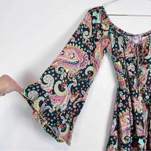 Luli Fama  Gypsy Off Shoulder Bell Sleeve Boho Paisley Floral Dress Size Small