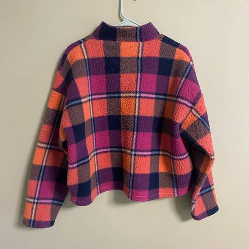 American Eagle  Pink Multi Plaid Cropped Fleece  1/4 Zip Top Jacket Large